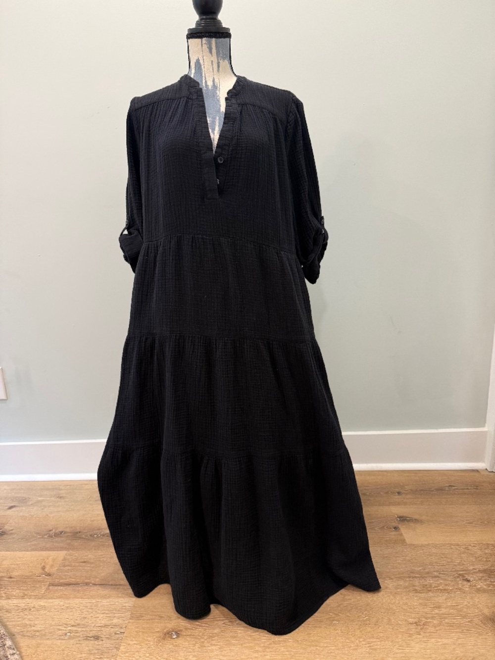 Chico's Cotton Gauze Tiered Dress in Black Size 14